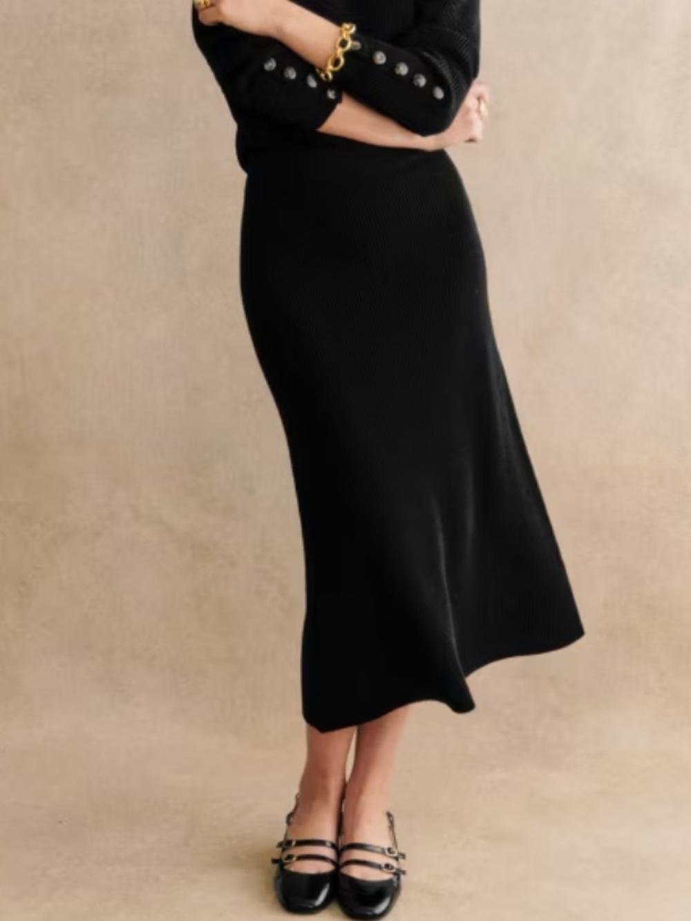 Sezane Naelle Skirt Merino Wool Cotton Ribbed Medium Black Quiet Luxury French